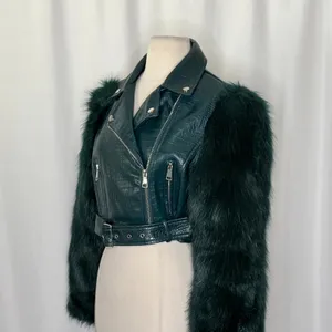 AZALEA WANG Nolla Faux Fur Arms Croc Moto Jacket Jade Green Vegan Leather Medium thumbnail 7