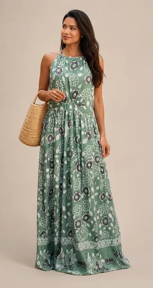 SHEIN Green, White and Gray Halter Maxi Dress with flowers size L thumbnail 1
