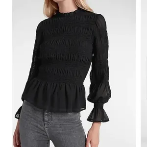 Express Elegant Black Smocked Balloon Sleeve Peplum Blouse NWT thumbnail 3