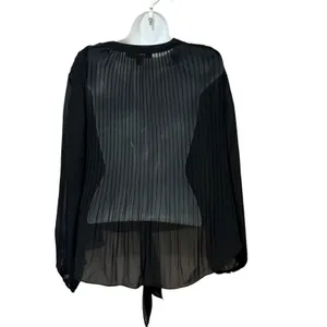Michael Kors Black Pleated Sheer Tie Front Blouse Gold Button V-Neck Top thumbnail 2