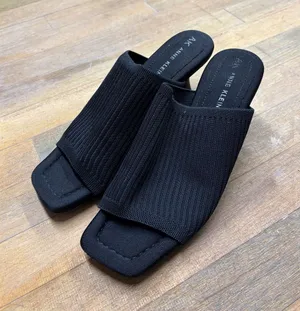 Anne Klein Black Ribbed Knit Slide Mules thumbnail 1