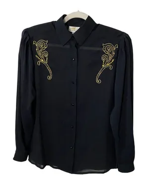 New Jouer black chiffon long sleeve shirt with gold embroidery Sz 6‎ - flawed thumbnail 1
