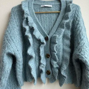 Zara Alpaca Blend Blue Ruffle Button Front Knit Puff Sleeve Sweater Size Small thumbnail 2