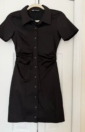 Zara Black Ruched Button Front Mini Shirt Dress XS thumbnail 1