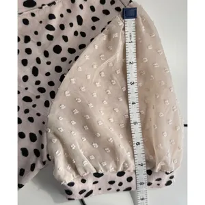 Tan Beige Black Dalmatian Print V Neck Blouse Sheer Swiss Dot Mesh Puff Sleeve S thumbnail 9