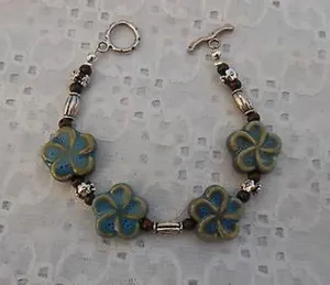 Handmade NEW! Earthy Beaded Toggle Bracelet W Ceramic Flower Beads 7.25” thumbnail 1