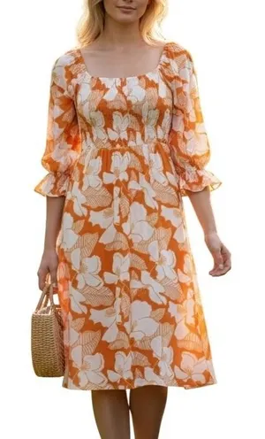 Sugar + Lips‎ Floral Smocked Midi Dress Small Orange White Cottagecore Boho thumbnail 1