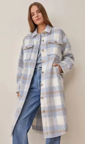 Reformation Ainslie Blue Plaid Wool Shacket Coat Button Front‎ Womens Size S thumbnail 1