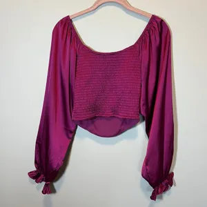 Altar'd State Satin Corset Top Crush Berry Smocked Balloon Sleeve XS Babydoll thumbnail 8