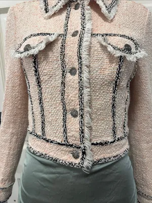 Veronica Beard Cotton Blend Pale Pink Tweed Fringed Blazer with Gray Trim S XS thumbnail 7