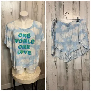 Old Navy Tie Dye Pajama Set XL | One World One Love Graphic Tee & Shorts Lounge thumbnail 2