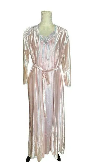 Vintage Lorraine Peignoir Set | Blush Pink Satin Nightgown & Robe | 1980s Embroi thumbnail 1