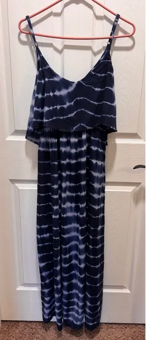 Japna Navy Blue Tie Dye Maxi Dress Ruffle Overlay Adjustable‎ Straps Women's Small thumbnail 1