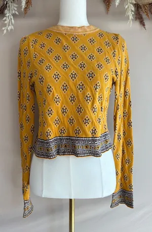 Free People Women's XS Yellow Patterned Long Sleeve Knit Sweater thumbnail 1