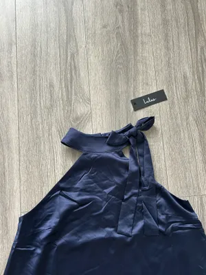 New Lulus Headed Out Tonight Navy Blue Satin Halter Swing Dress Medium MSRP $58 thumbnail 8