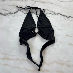 Black Ruched O-Ring Halter Neck Plunge Crop Top - Size Medium thumbnail 4