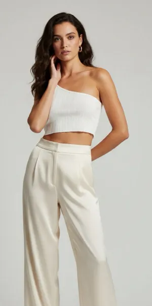 CIDER White One Shoulder Ribbed Crop Top L thumbnail 1