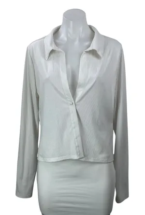 AFRM Women's White Ribbed Knit Collared Long Sleeve Button Shirt Top Size XL thumbnail 1