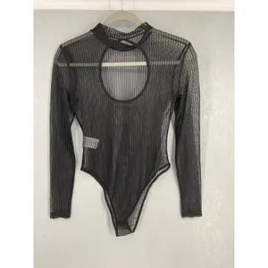 Commense Womens Bodysuit Black Sheer Mesh Front Cutout Ribbed Long Sleeve M thumbnail 3