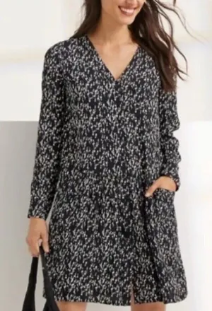 Garnet Hill Shirt Dress Women 4 Black White‎ Floral Long Sleeve V-Neck Pockets thumbnail 1