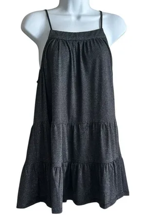 Gigio‎ Women Party Y2K Tiered Tunic Babydoll Top M Black Metallic Silver Shimmer thumbnail 1