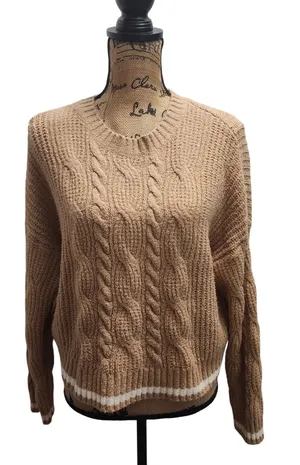 American Eagle Womens Sweater Cable Knit Crewneck Tan Cream Striped M‎ thumbnail 1