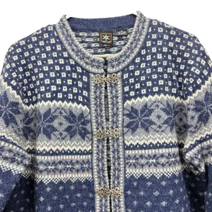 SKYR Norwegian Wool Sweater Cardigan Blue Fair Isle Front Metal Clasps MEDIUM thumbnail 3
