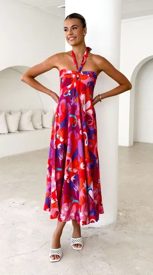 Petal and Pup Halter Maxi Dress colorful tropical Strawberry Abstract print midi vacation thumbnail 1