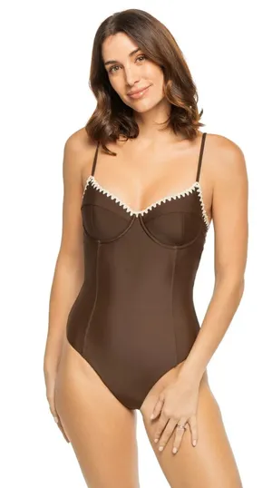 RAMY BROOK Addisyn Whipstitch One Piece Swimsuit in Brown Size Large thumbnail 1