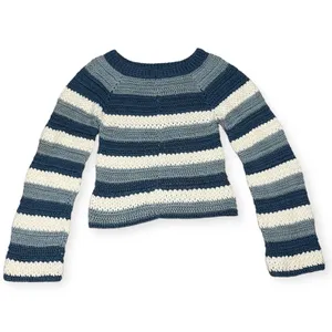 Blue White Crochet Y2K Striped Sweater Flare Sleeve Handmade XS Small‎ Winter thumbnail 5