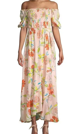 For The Republic Womens Size L Pink Floral Maxi Dress Smocked Off The Shoulder thumbnail 1