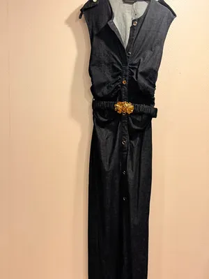 NWOT Zara Navy Blue Denim Button Front Sleeveless Midi Shirt Dress Gold Belt S thumbnail 3
