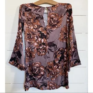 Leith Ladies Purple Floral‎ Tunic Mini Dress Flare Sleeves XS thumbnail 3
