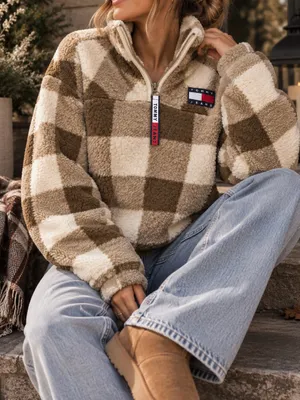 Tommy Jeans Brown Buffalo Check Sherpa Half-Zip Pullover Jacket (Size S) thumbnail 1