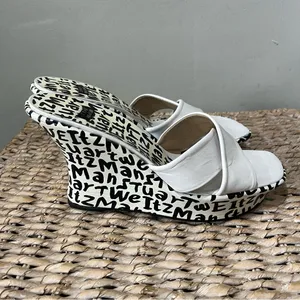 Stuart Weitzman New Black & White Leather‎ Graffiti Print Logo Sandal Wedge 9.5 thumbnail 4