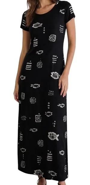 Vintage Black Maxi Dress Abstract‎ Print Short Sleeve Minimalist 90s Grunge thumbnail 1