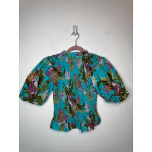 Love The Label Green Floral Ruffle Puff Short Sleeve Cotton Blouse Size XS thumbnail 8