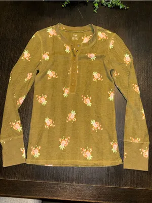Aerie Olive Floral Waffle Knit Henley Top Cottagecore Boho Long Sleeve Thermal thumbnail 2