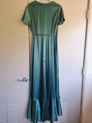 Lulus Love Of Your Life Dark Green Satin Ruffled Wrap Maxi Dress M thumbnail 8