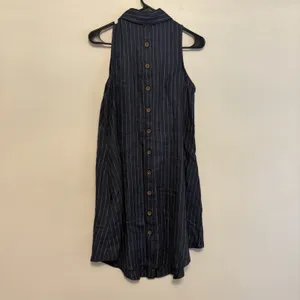 Boho Chic Small Button Up Sleeveless‎ Dress Blue White Linen Collared Natural thumbnail 2
