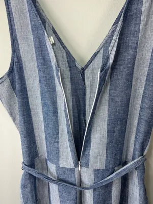 Beach Lunch Lounge Linen Blend Cropped Jumpsuit Blue Stripe Wide Leg Coastal Lg thumbnail 11