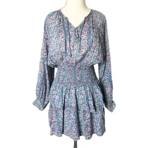 Cleobella Blue Pink Floral Cotton Smocked Mini Dress Size Medium Boho Tiered thumbnail 2