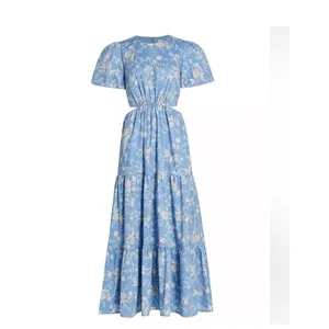 Wayf Plaza Floral Cut-Out Tiered Maxi Dress Size Small Blue and White thumbnail 2