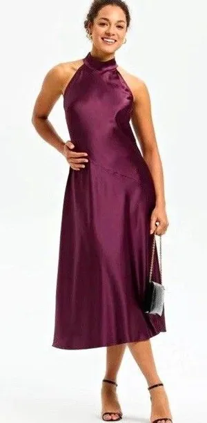 A New Day Red wine colored Satin Halter Backless Midi Slip Dress Size S thumbnail 1