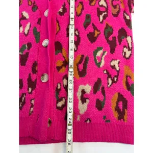 Entro Hot Pink Leopard Print Cardigan V-Neck Button Front Knit Sweater Womens M thumbnail 5