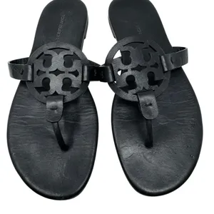 Tory Burch Miller Black Matte Leather Logo Medallion Flat Sandals Size 8 thumbnail 4