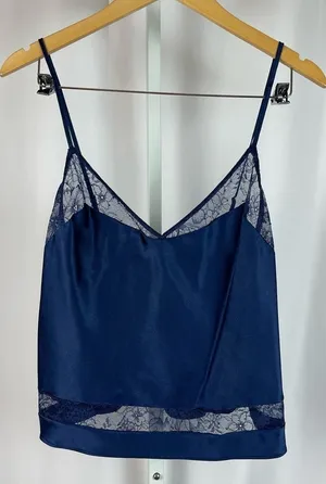Victoria's Secret Medium Satin Lace V Neck Navy Blue Crop Tank Top Lingerie thumbnail 1