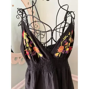 OCEAN BREEZE 90s/Y2K Black Embroidered Beach Cover /‎ Sundress L thumbnail 2