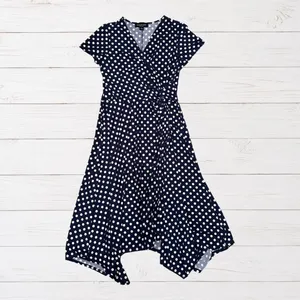 Polka Dot Faux Wrap Midi Dress Navy White Knotted Waist Short Sleeve Size 8 thumbnail 2