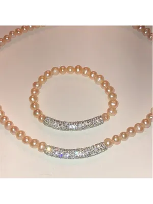 Pale Pink Genuine Pearls CZ Rhinestone Necklace Bracelet Set thumbnail 3